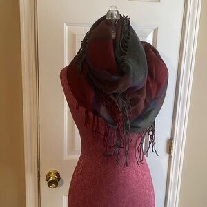 Women's Soft Polyester Knit Infinity Scarf Blue Green Red Plaid with Fringe